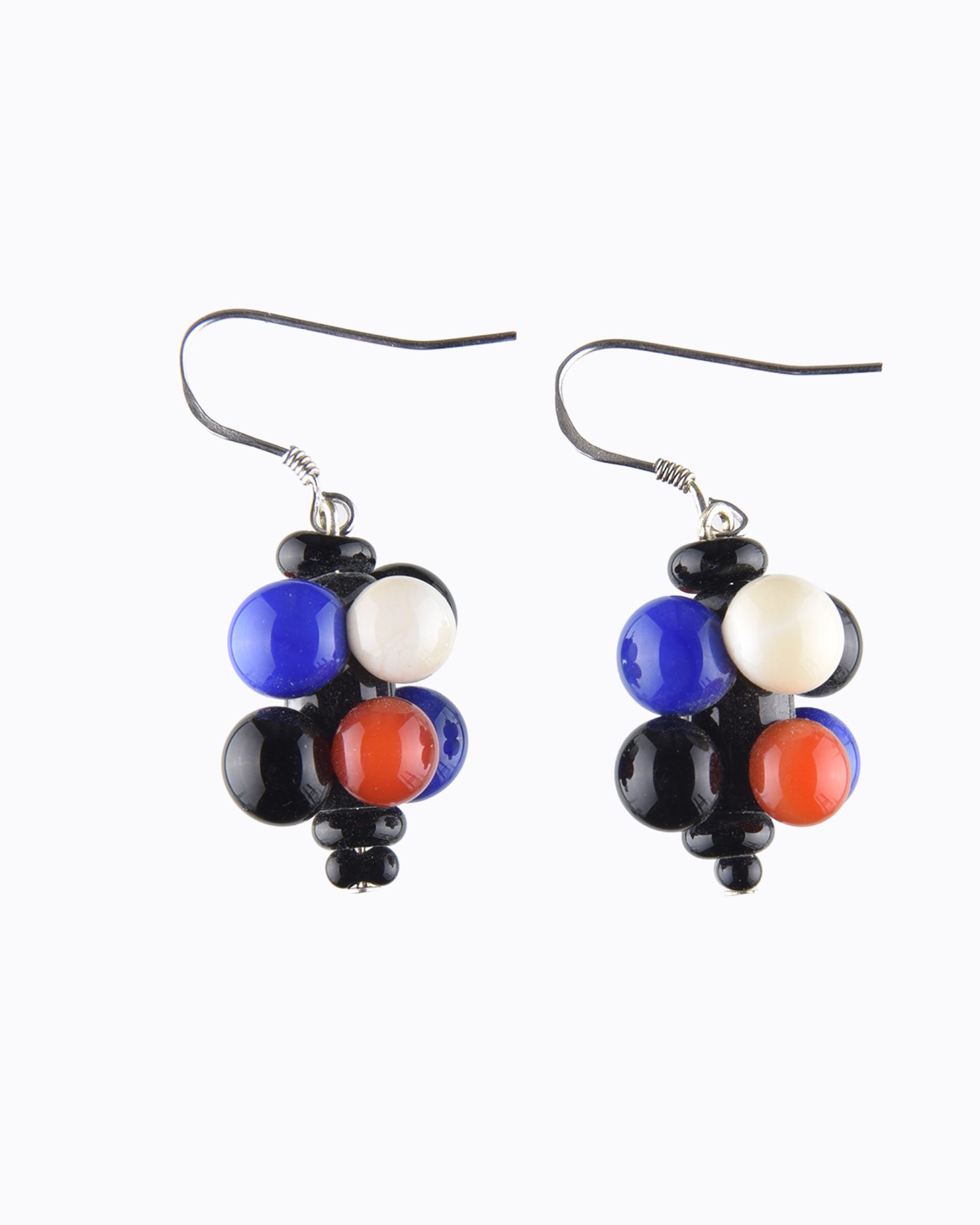 Boucles d&rsquo;oreille « Molécule » perles en Cristal de Murano Bleue, Ivoire, Orange, Noire