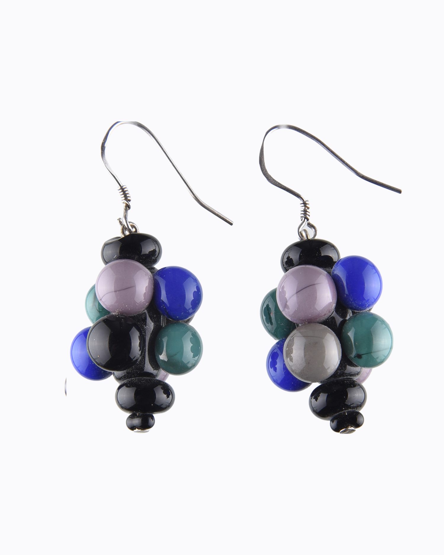 Boucles d&rsquo;oreille « Molécule » perles en Cristal de Murano Noire, Vert canard, Mauve, Bleue, Gris