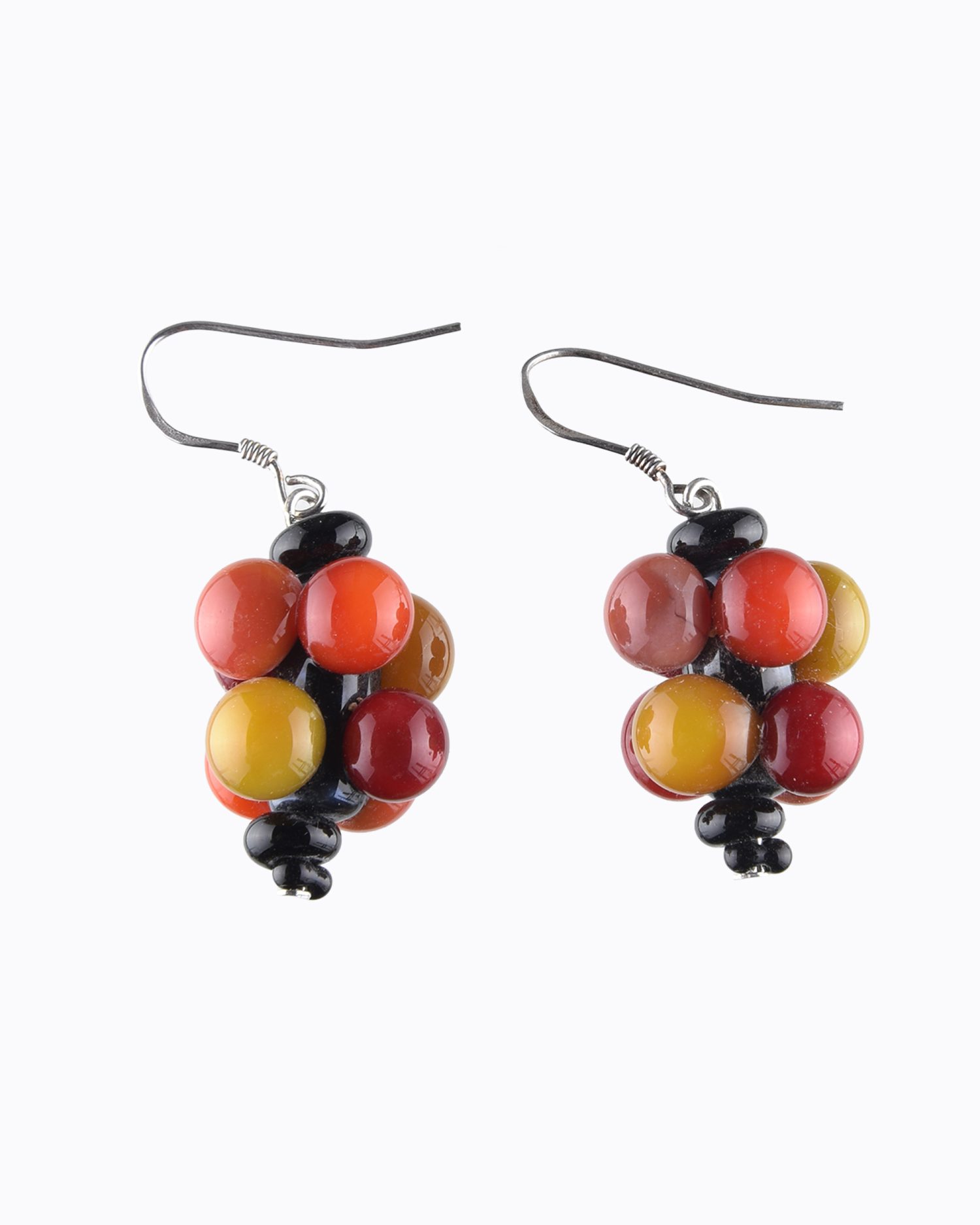 Boucles d&rsquo;oreille « Molécule » perles en Cristal de Murano Rouge, Moutarde, Corail, Orange