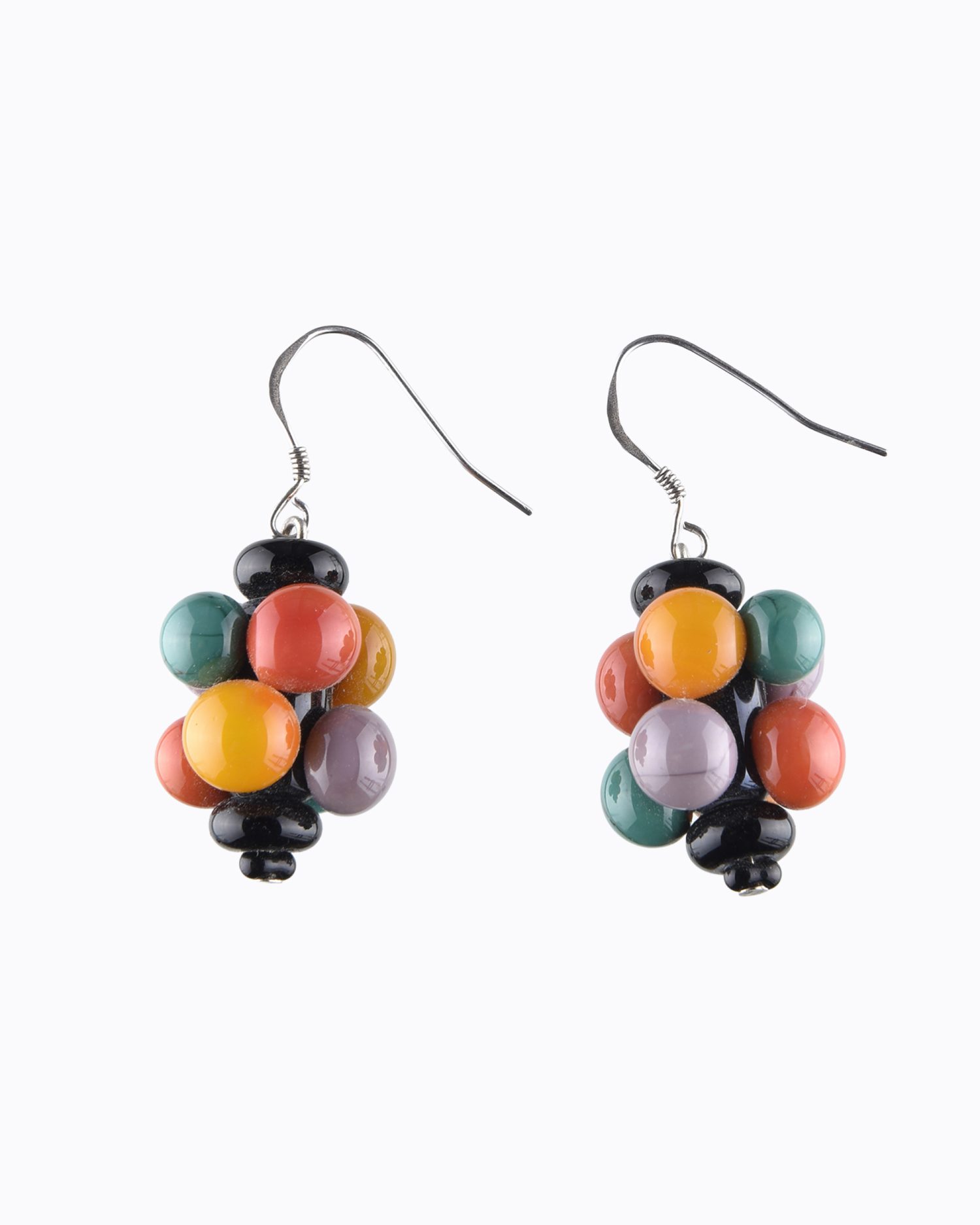Boucles d&rsquo;oreille « Molécule » perles en Cristal de Murano Vert canard, Moutarde, Mauve, Orange