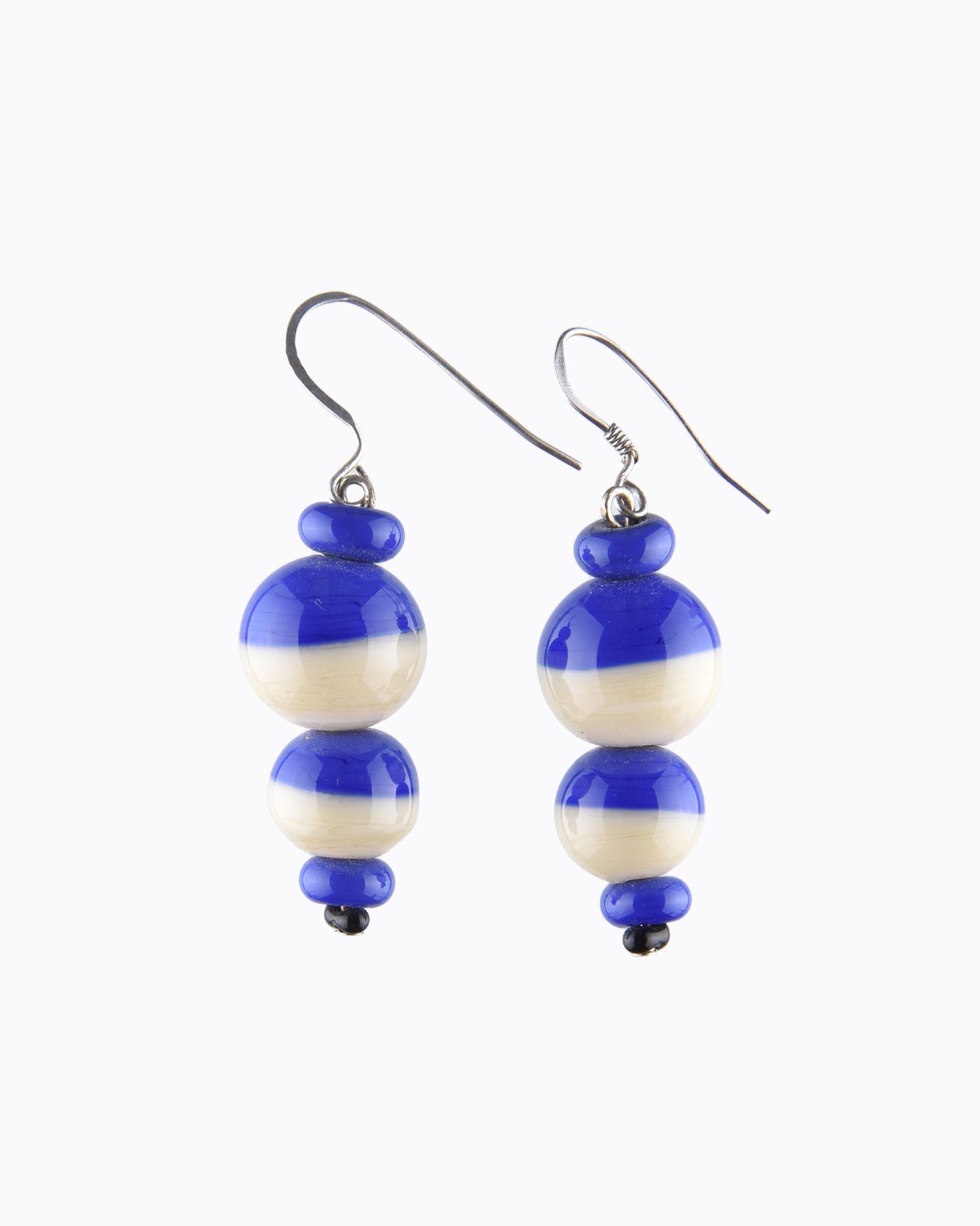 Boucles d&rsquo;oreille perles rondes en Cristal de Murano Bicolore couleur Ivoire et Bleue