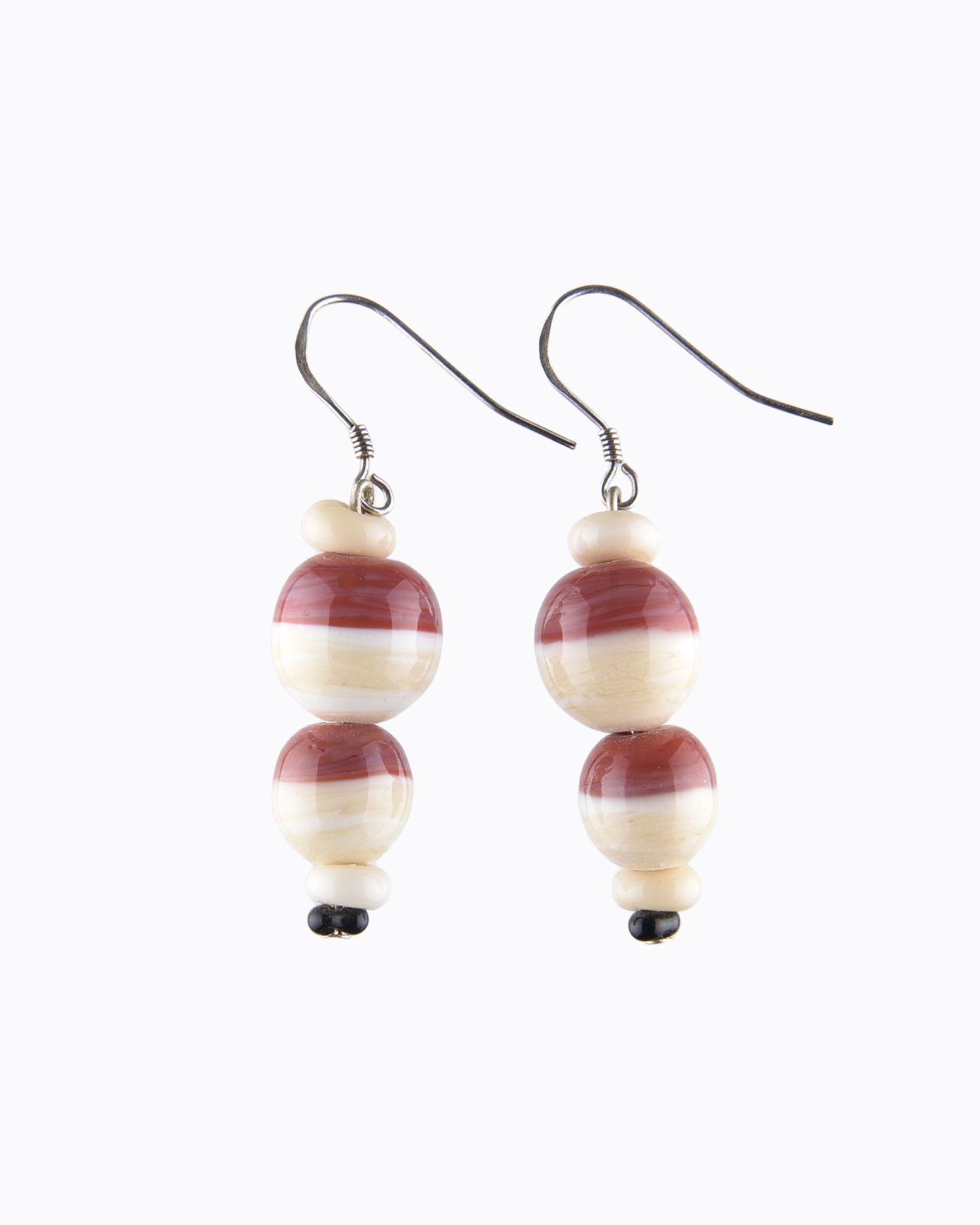 Boucles d&rsquo;oreille perles rondes en Cristal de Murano Bicolore couleur Ivoire et Framboise