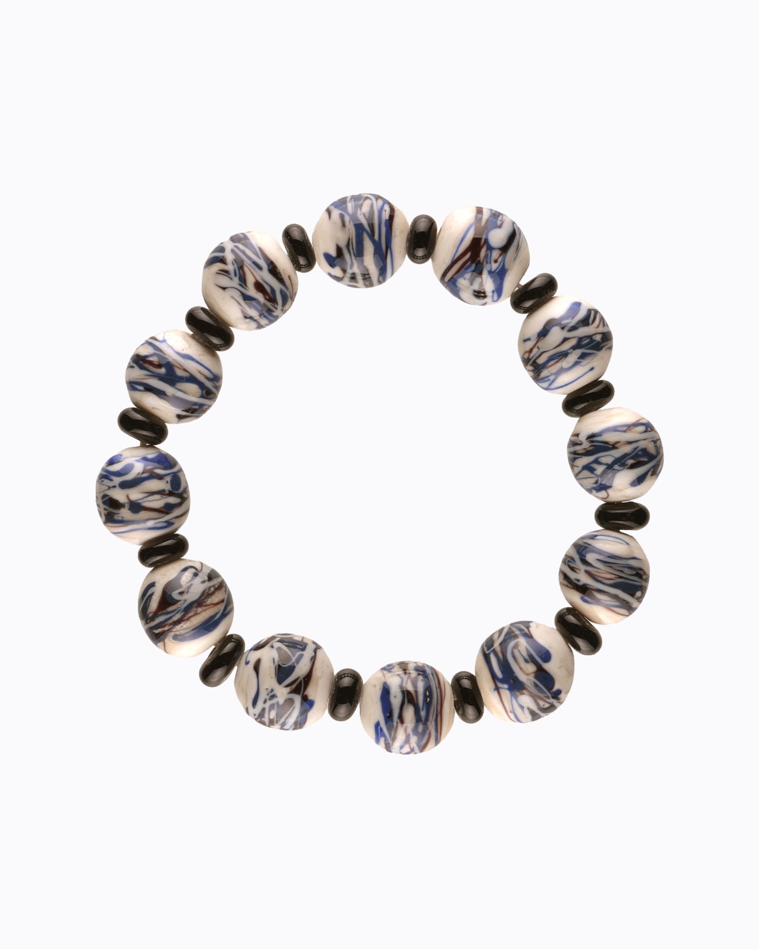 Bracelet perles en Cristal de Murano couleur Ivoire décors abstrait Noir et Bleu