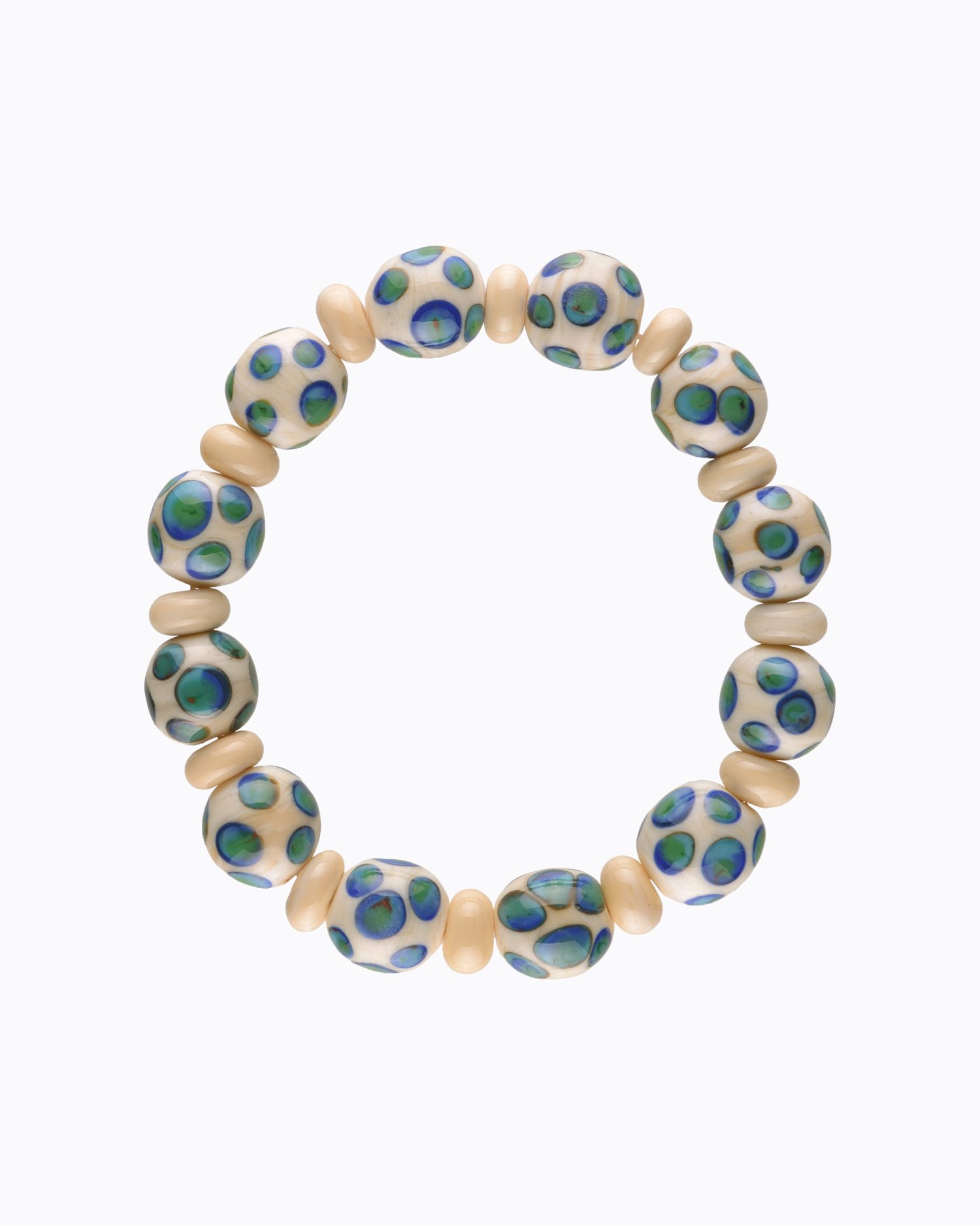 Bracelet perles en Cristal de Murano couleur ivoire, pois Bleu et Vert canard