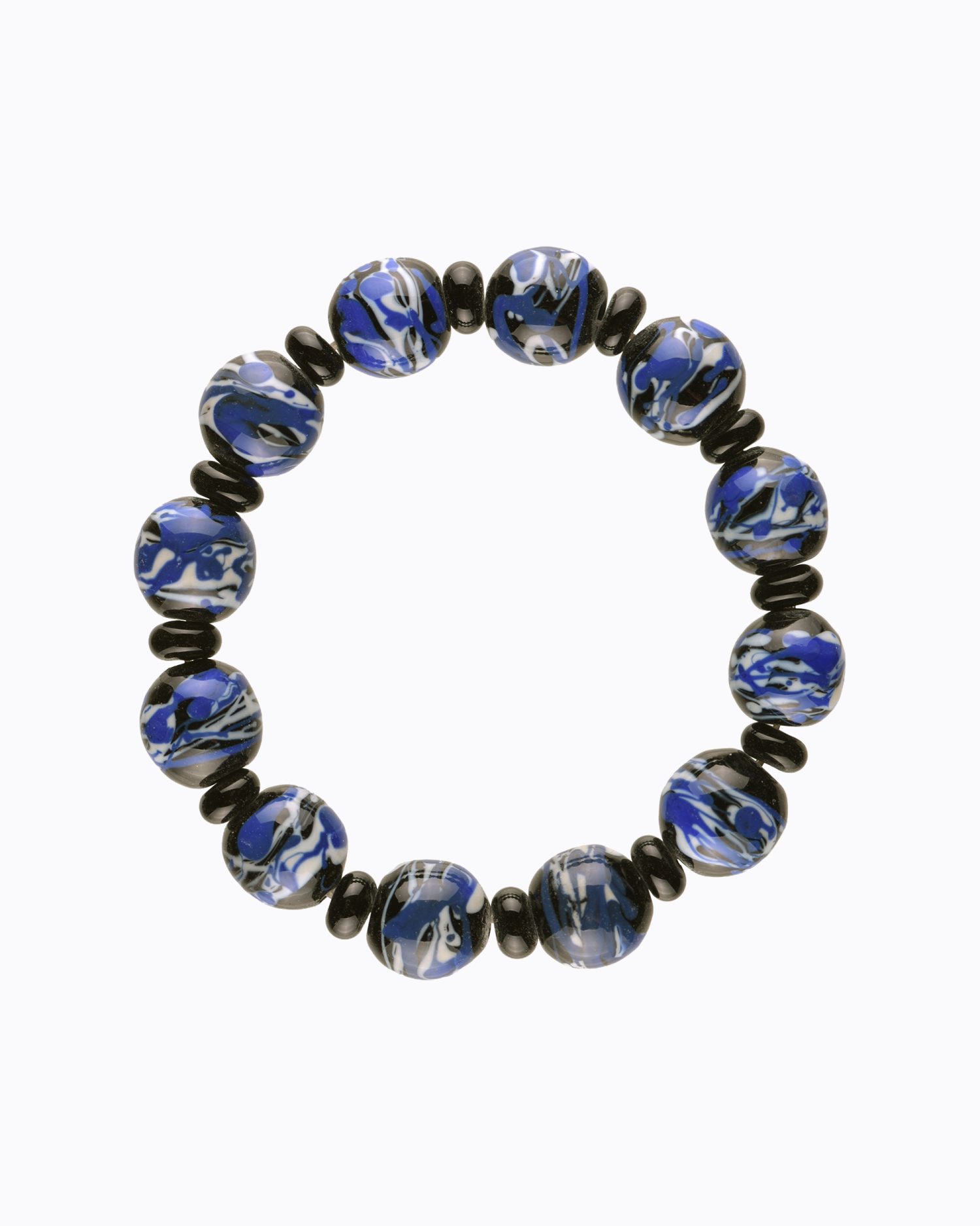 Bracelet perles en Cristal de Murano Noir décors abstrait Ivoire et Bleu