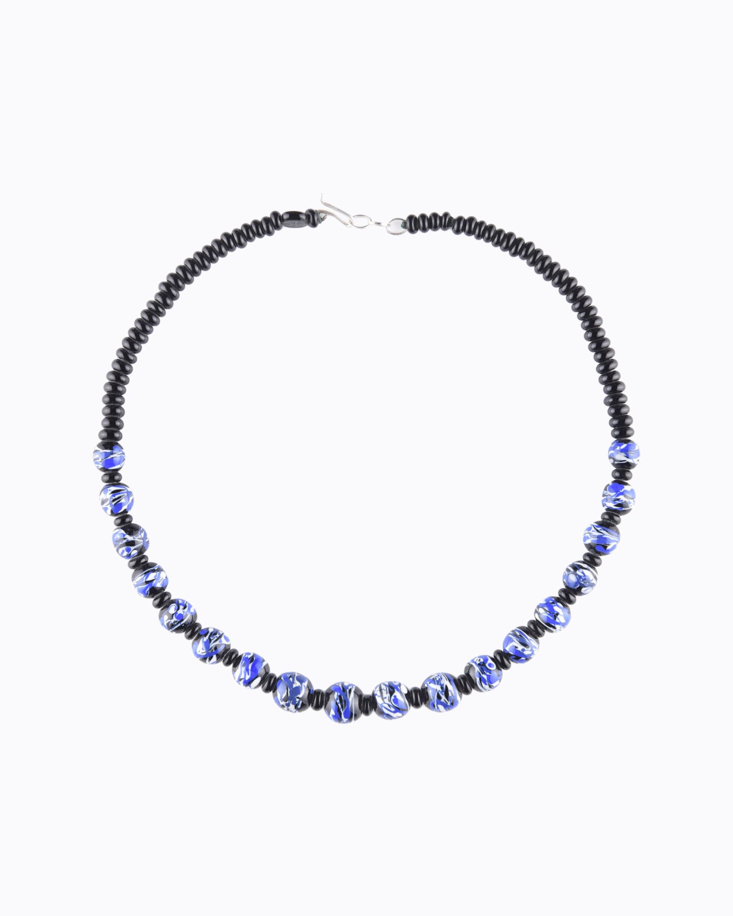Collier perles rondes en Cristal de Murano Noire décors abstrait couleur Ivoire et Bleue