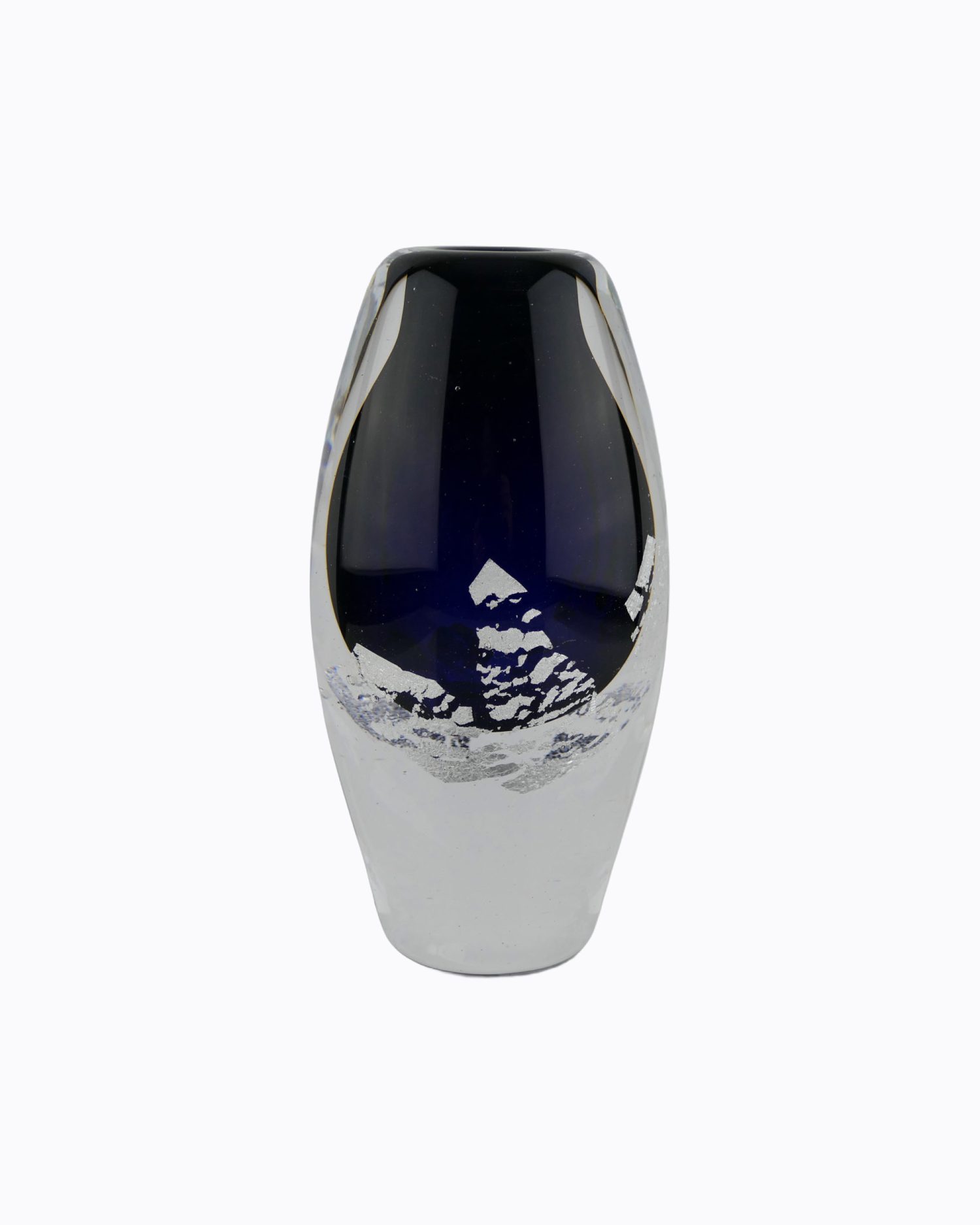 Berlingo Bleu Nuit, Soliflore en verre soufflé bouche, formé à main levée, Inclusion Feuille d&rsquo;Argent