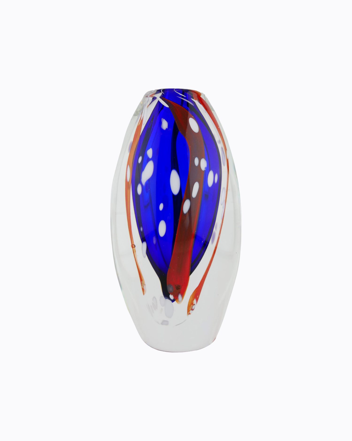 Berlingo Bleu Intense, Soliflore en verre soufflé bouche, formé à main levée, Inclusions cordons Rouge, grains Blancs