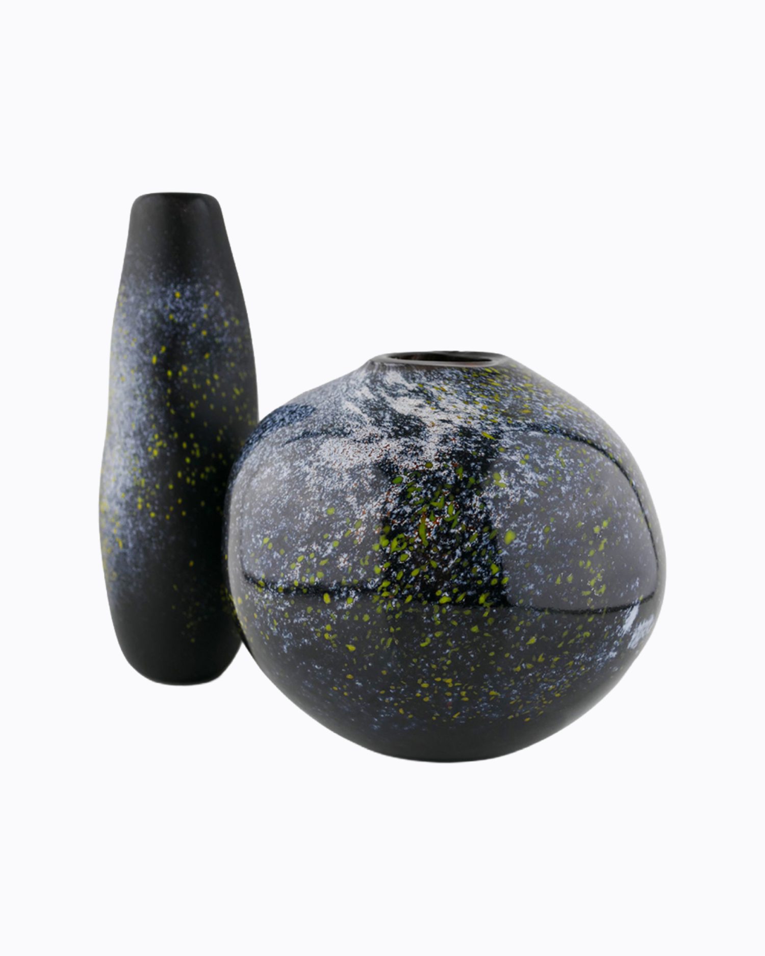 Voie Lactée, Vase en verre soufflé bouche, formé à main levée, Noir, moucheté Blanc, Jaune et Blanc, Effet Miroir