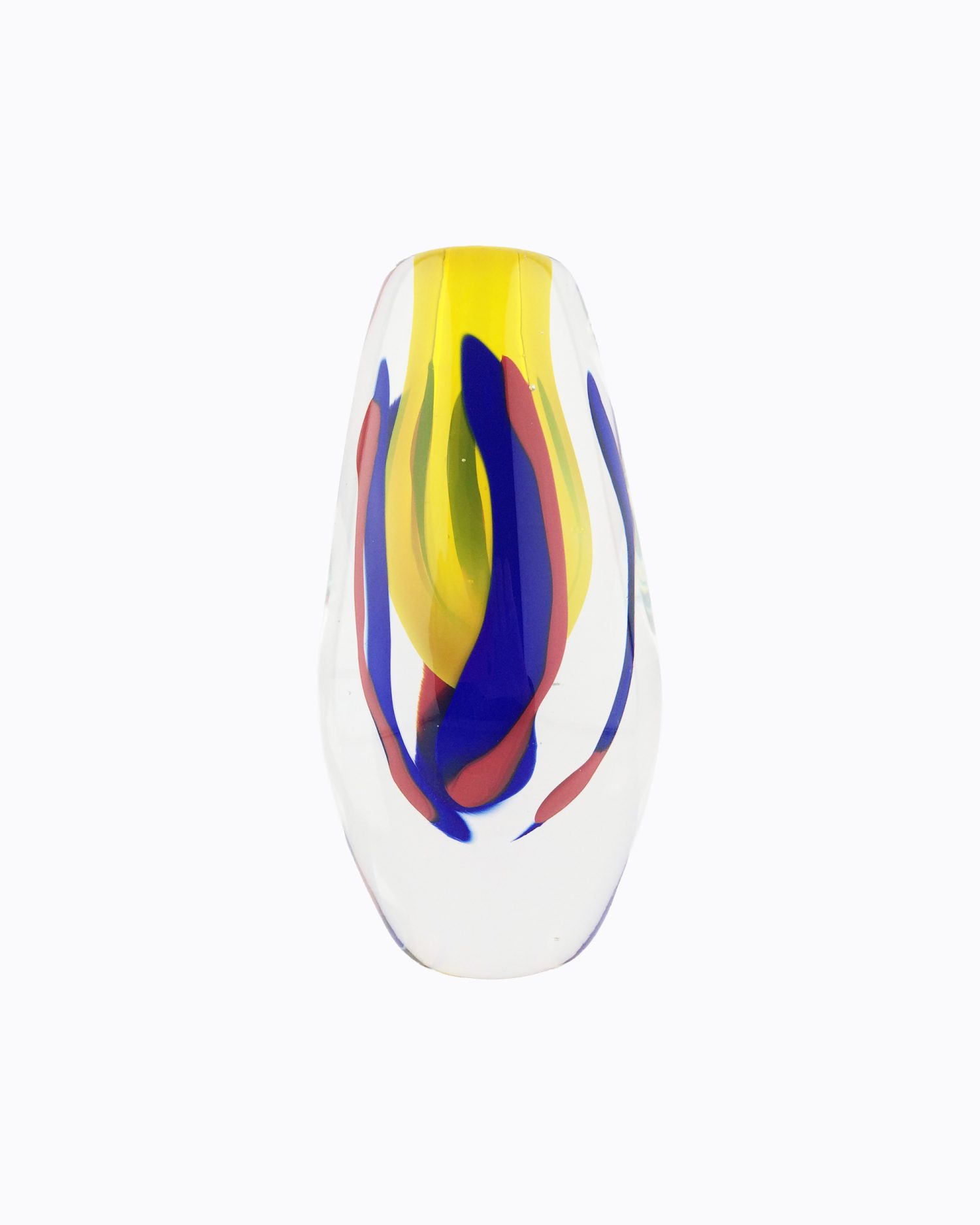 Berlingo Jaune Transparent, Soliflore en verre soufflé bouche, formé à main levée, Inclusions Bleu et Rouge
