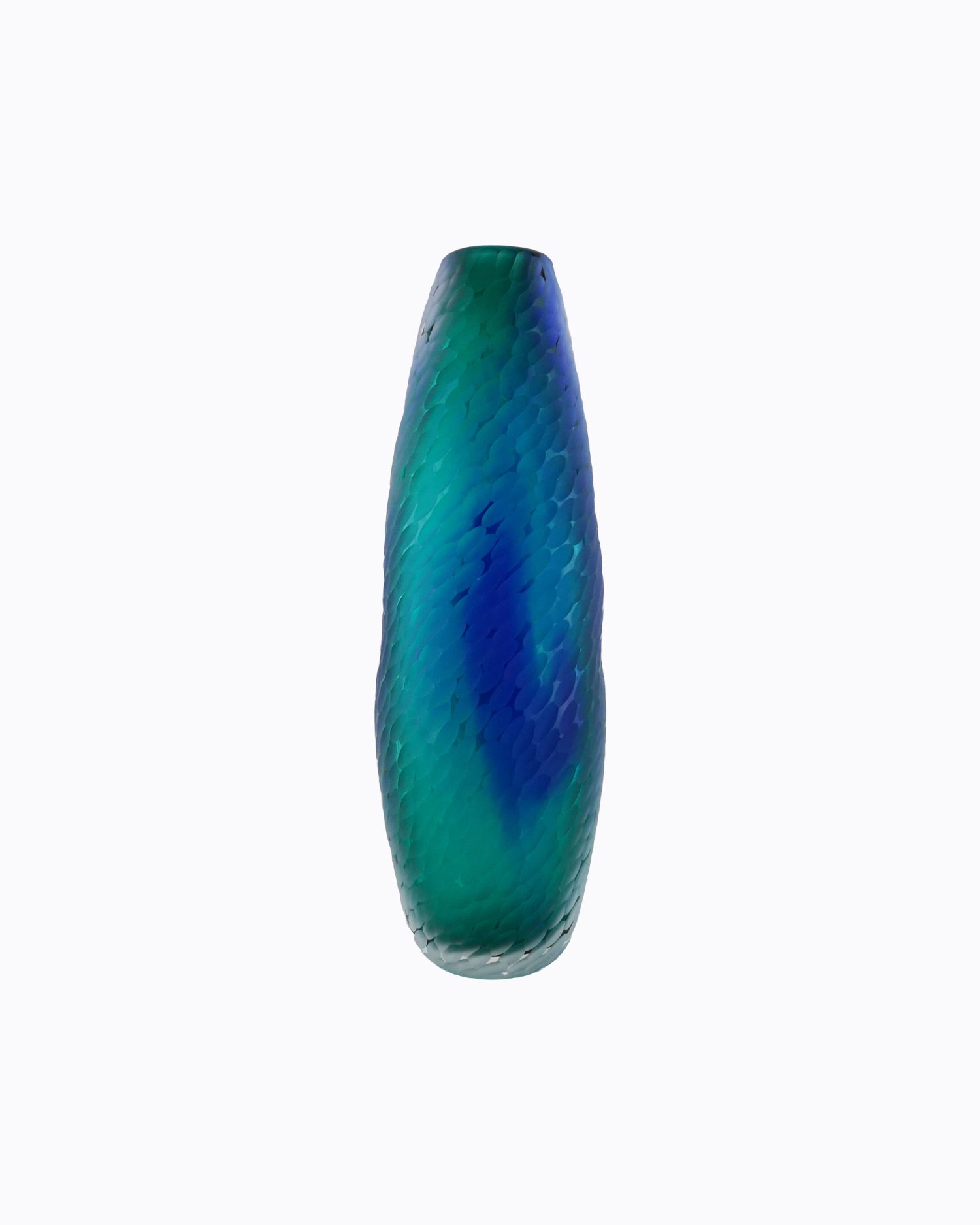 Vase « Termite » en verre soufflé bouche, formé à main levée, couleur Lagon et Bleue, Effet écaille satinée