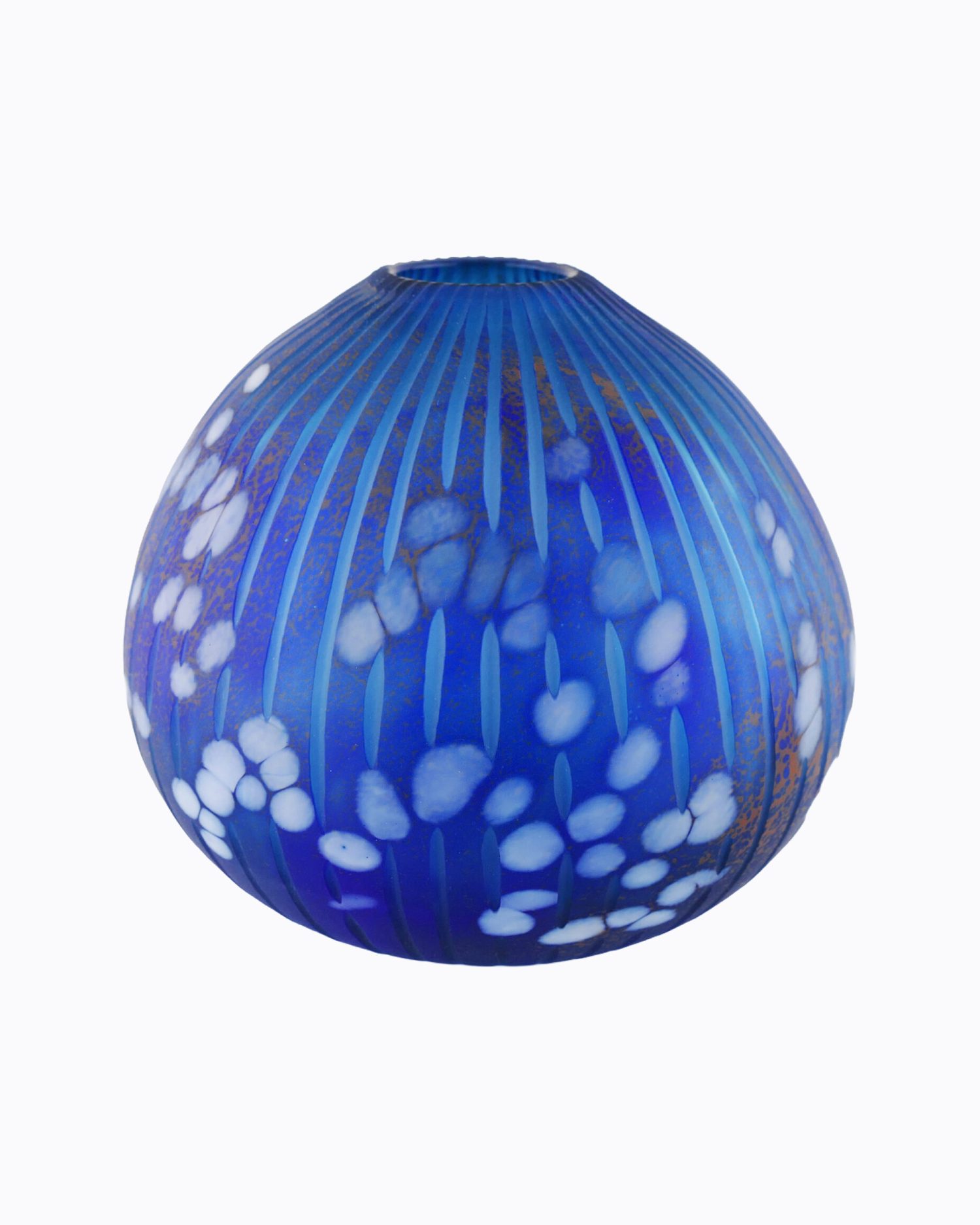 « Lanterne », Vase en verre soufflé bouche, formée à main levée, Bleu Turquoise et Bleu soutenu, moucheté Blanc Albâtre et Ocre. Effet Satiné