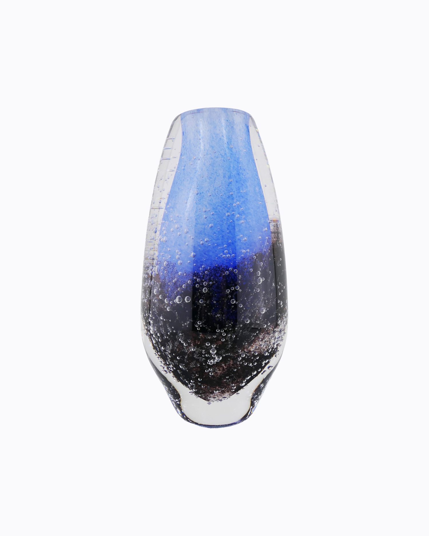 Berlingo Bleuté et Noir, mini Bulles, Soliflore en verre soufflé bouche, formé à main levée. Effet de Transparence et de Profondeur